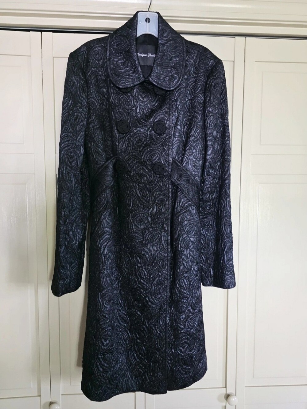 Womens Monique Lhuillier Black Floral Jacquard Long Coat Size 10